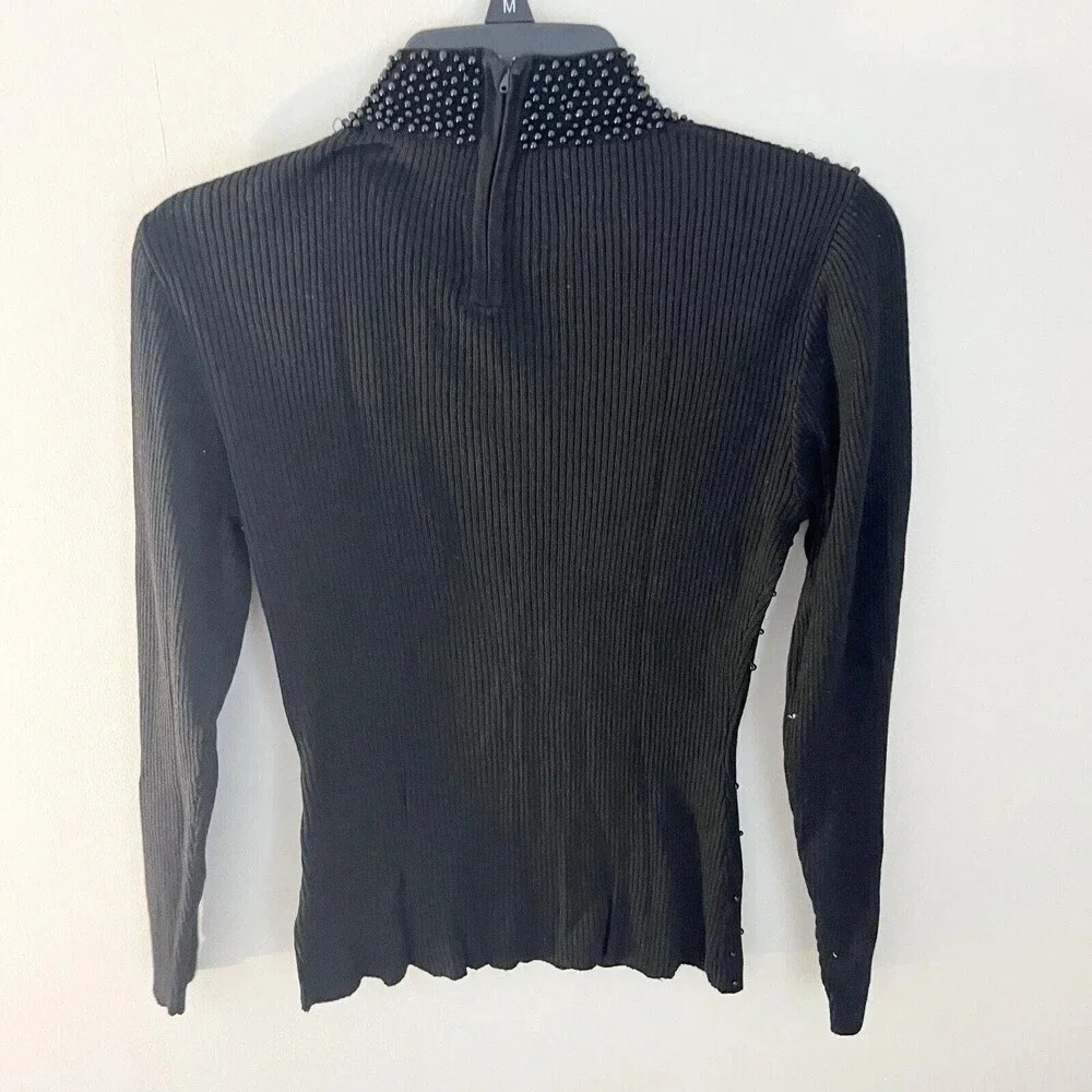 Le Gary Black Beaded Sweater Women's Medium Knit Mock Neck Long Sleeve Italy